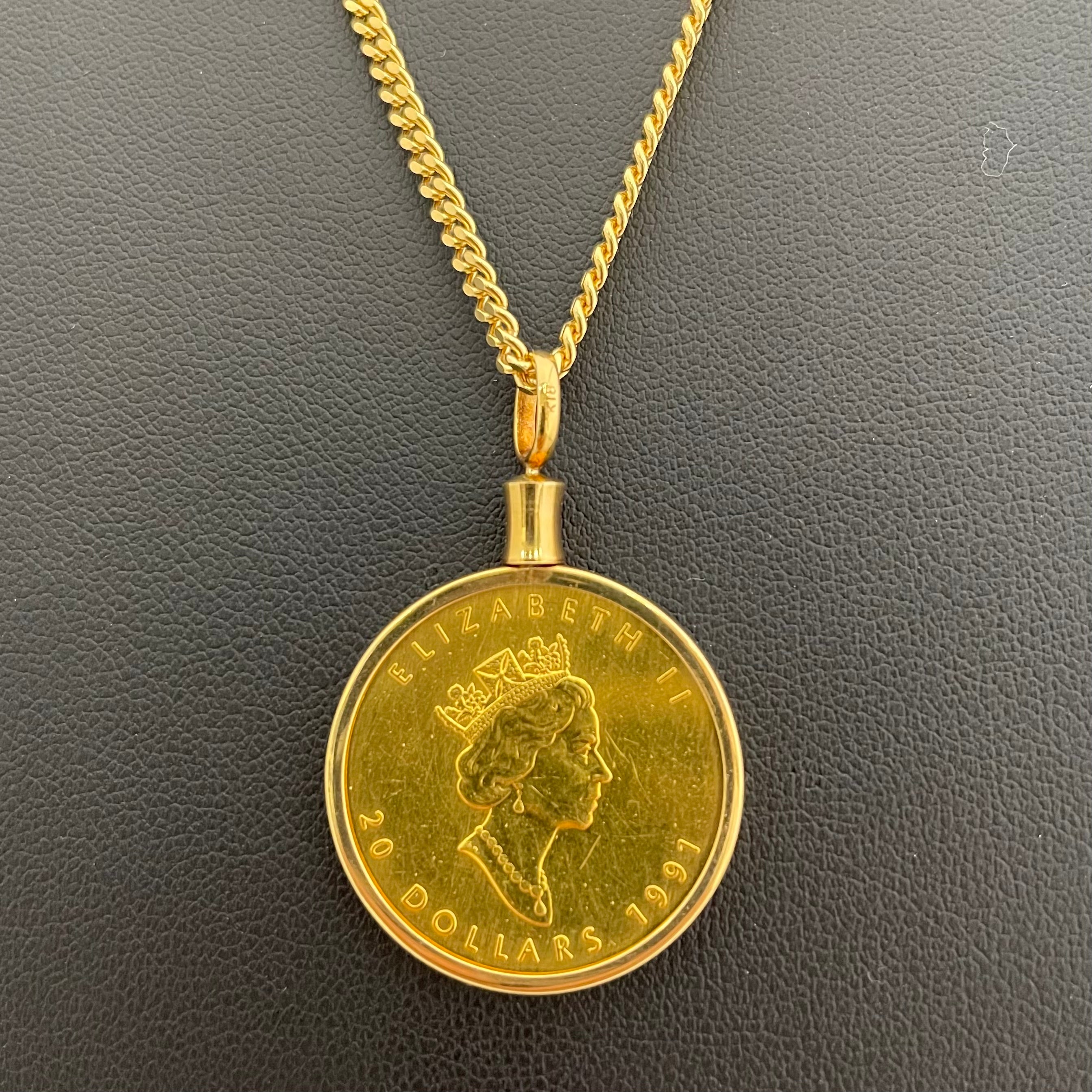 ノンブランド _ メイプルリーフ金貨 _ペンダントネックレス_純金コイン1/2oz(枠/チェーンK18)32.9g_中古品