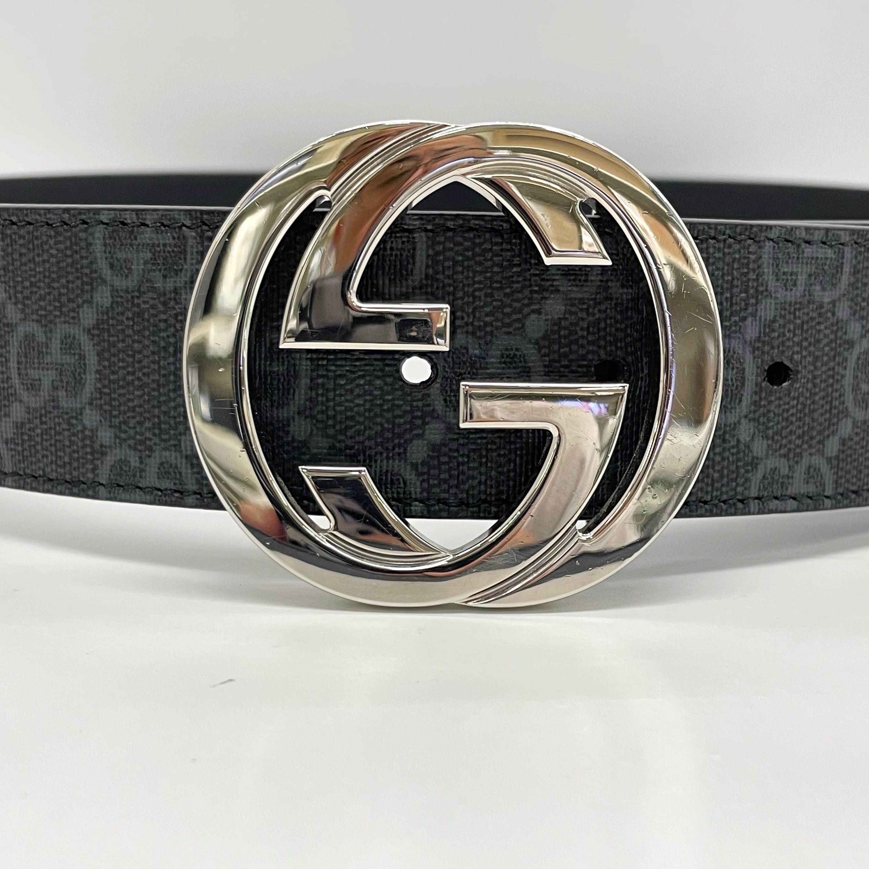 GUCCI(グッチ)_ インターロッキング_G バックル付き ベルト_ブラック×グレー_ 90cm/36in 411924_ 中古品