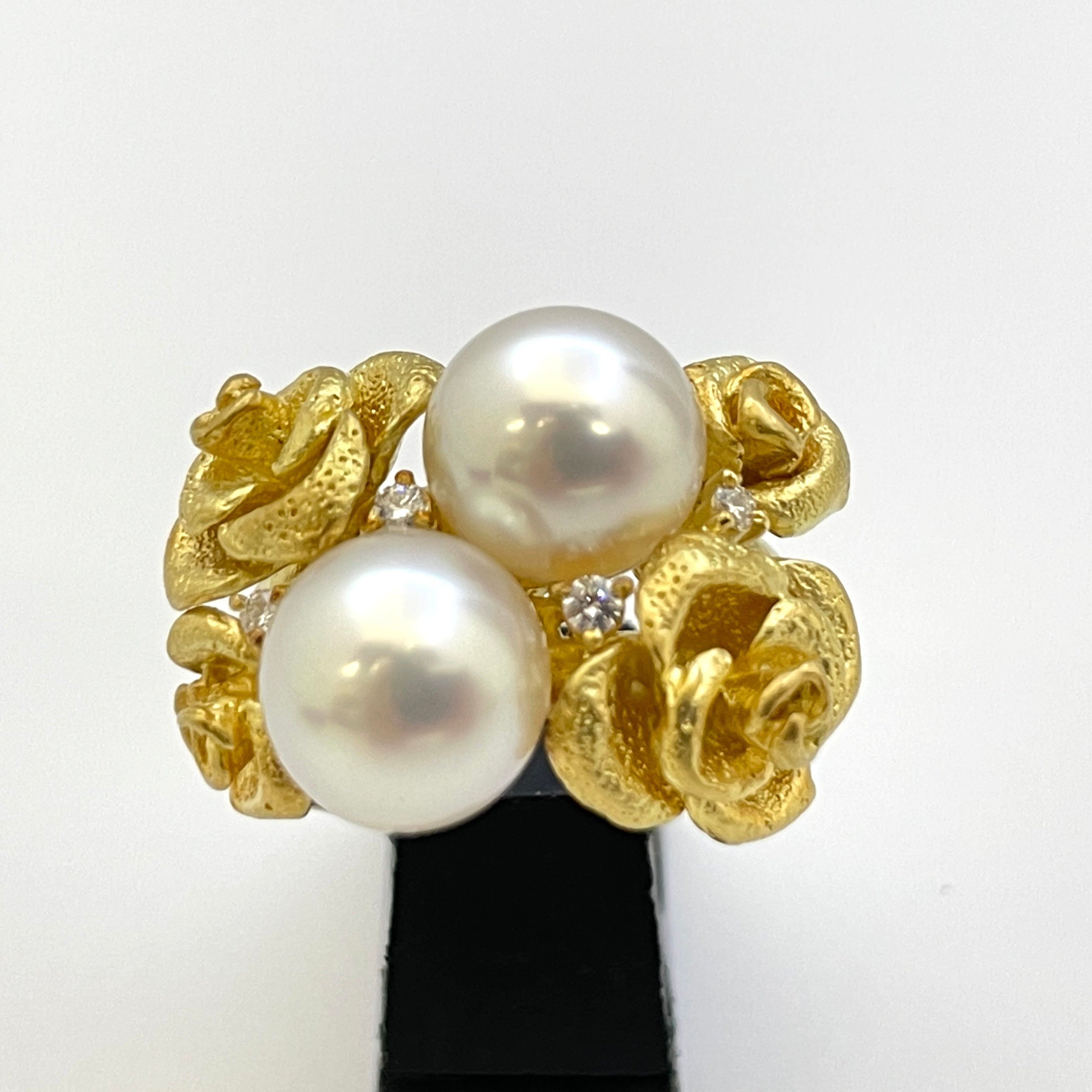 【送料無料】_ノンブランド_K18 パール約9mm×2_ダイヤモンド0.08ct_15.1g リング(指輪)_中古品