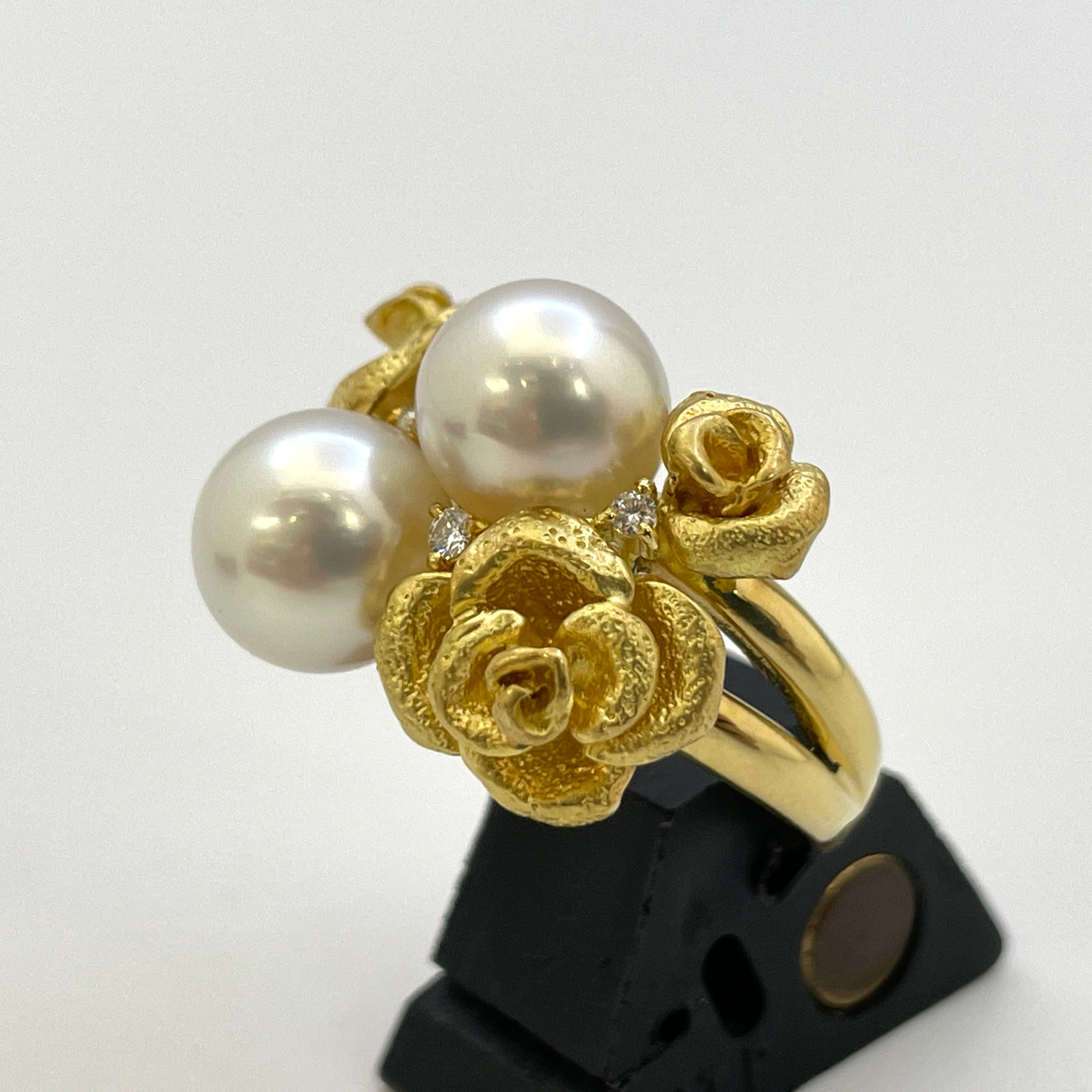 【送料無料】_ノンブランド_K18 パール約9mm×2_ダイヤモンド0.08ct_15.1g リング(指輪)_中古品