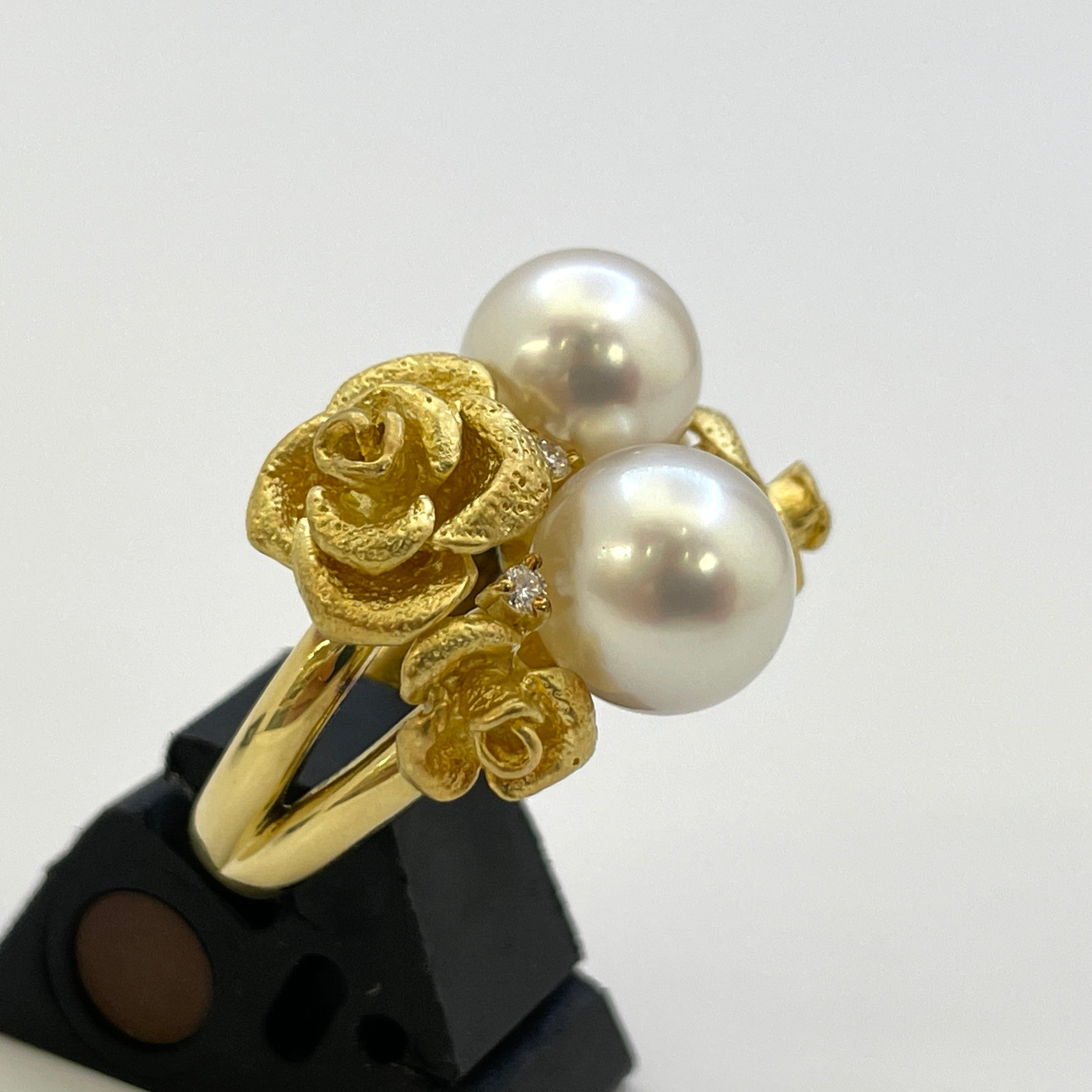 【送料無料】_ノンブランド_K18 パール約9mm×2_ダイヤモンド0.08ct_15.1g リング(指輪)_中古品