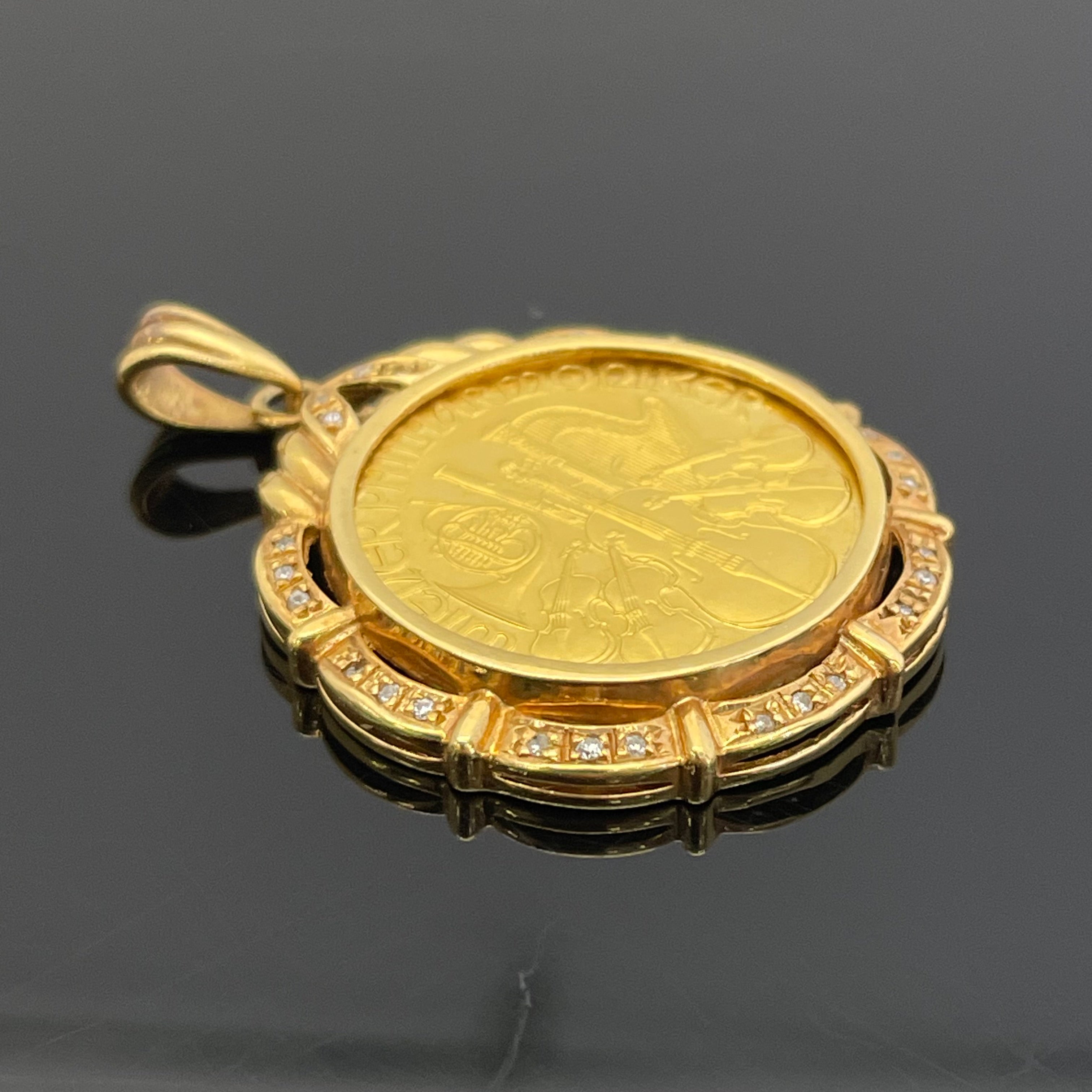 ノンブランド _ウィーンハーモニー金貨_ペンダントトップ_純金1/4oz・枠K18 _FD0.18ct/総重量12. 2g_中古品