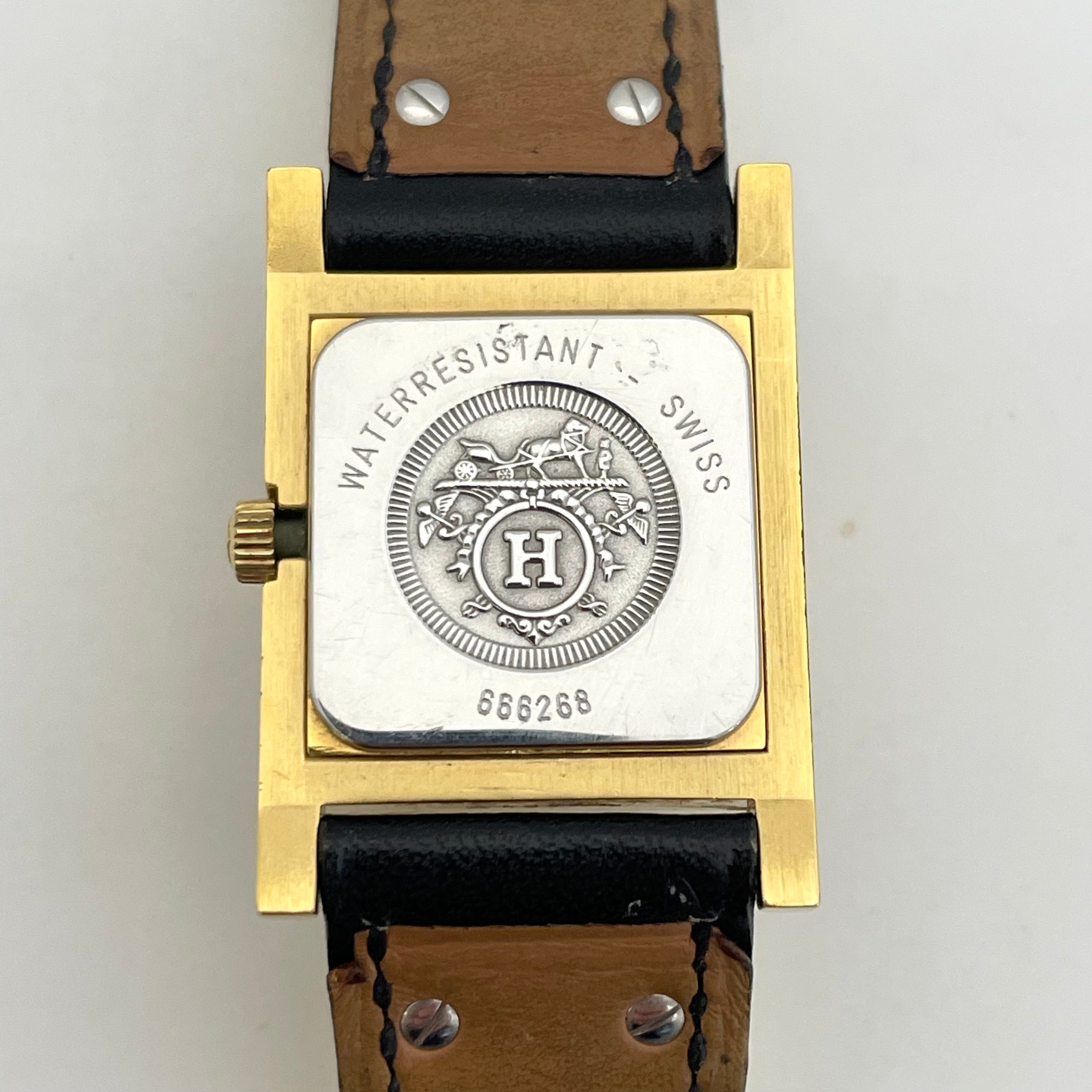 HERMES_(エルメス) _メドール _レディス腕時計_ゴールド/白文字盤 _黒レザーベルト_中古品