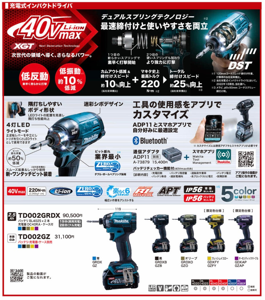 【送料無料】_makita_(マキタ)_充電式インパクトドライバ _TD002GRDXO(オリーブ)_ 40V 2.5Ah (バッテリBL4025×2本)_充電器DC40RA・ケース付_未使用品