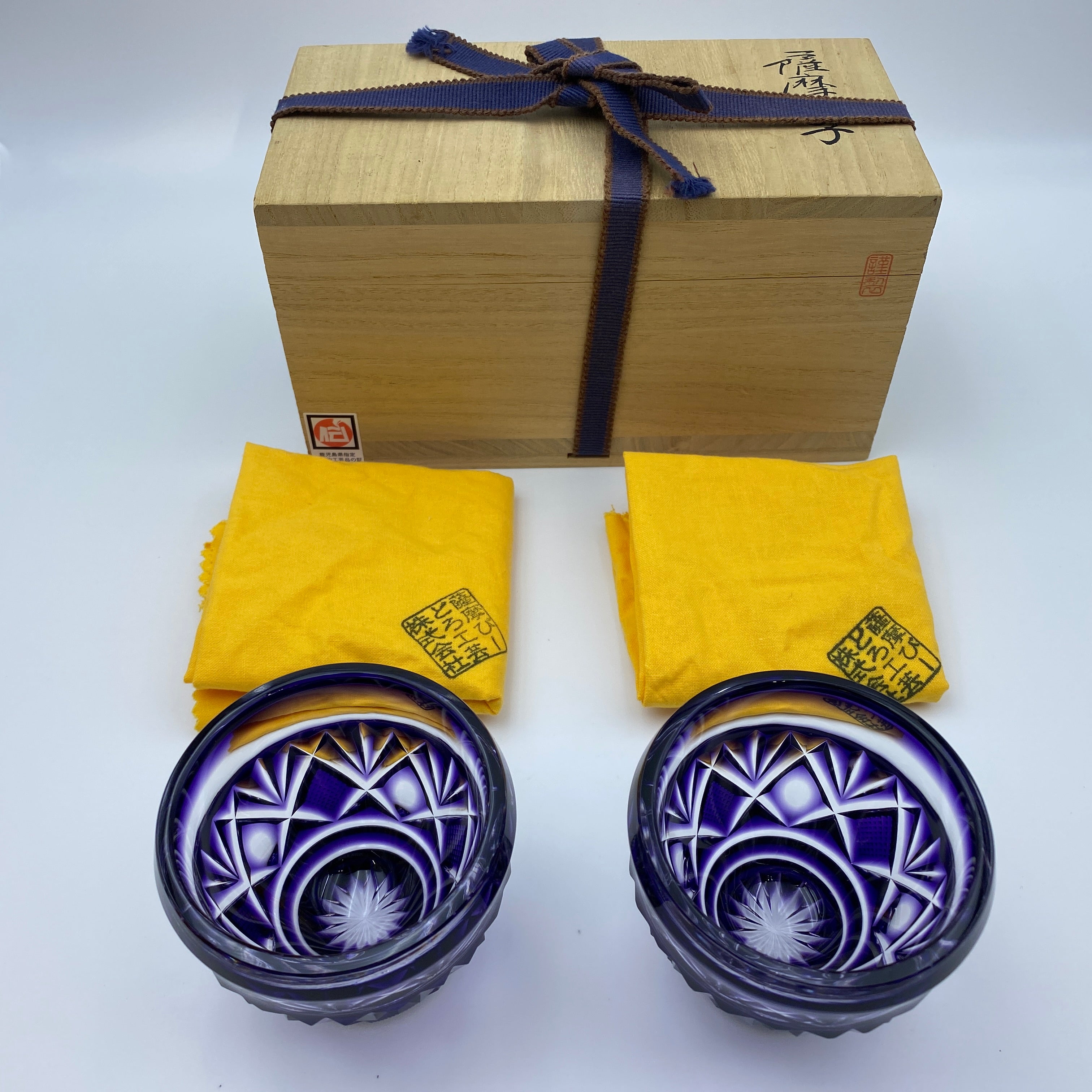 薩摩びーどろ工芸 作_薩摩切子 色被せガラス_切子ロックグラス揃_中古品