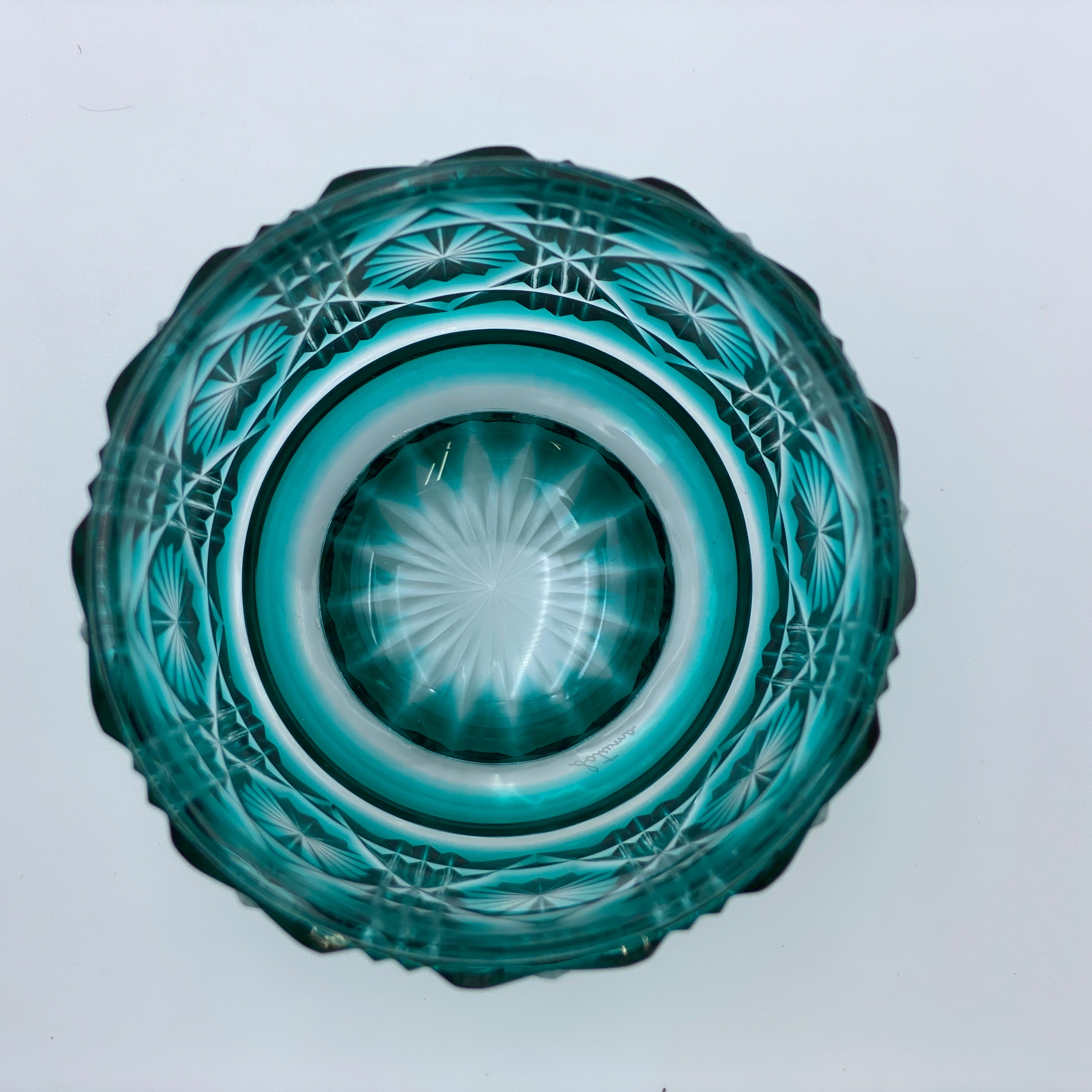 薩摩びーどろ工芸 作_復元 薩摩切子 色被せガラス_切子 猪口揃(金赤/緑)_中古品