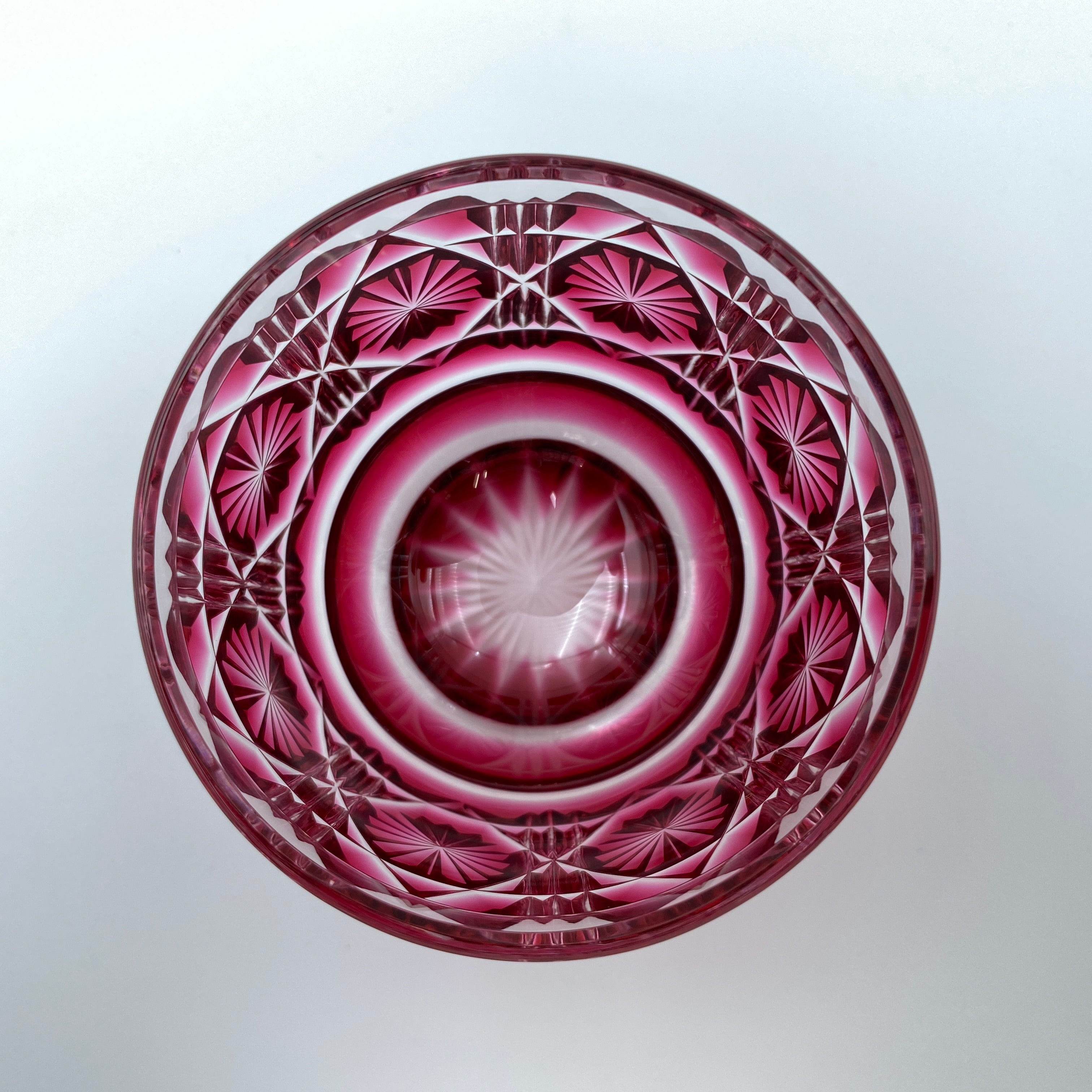 薩摩びーどろ工芸 作_復元 薩摩切子 色被せガラス_切子 猪口揃(金赤/緑)_中古品