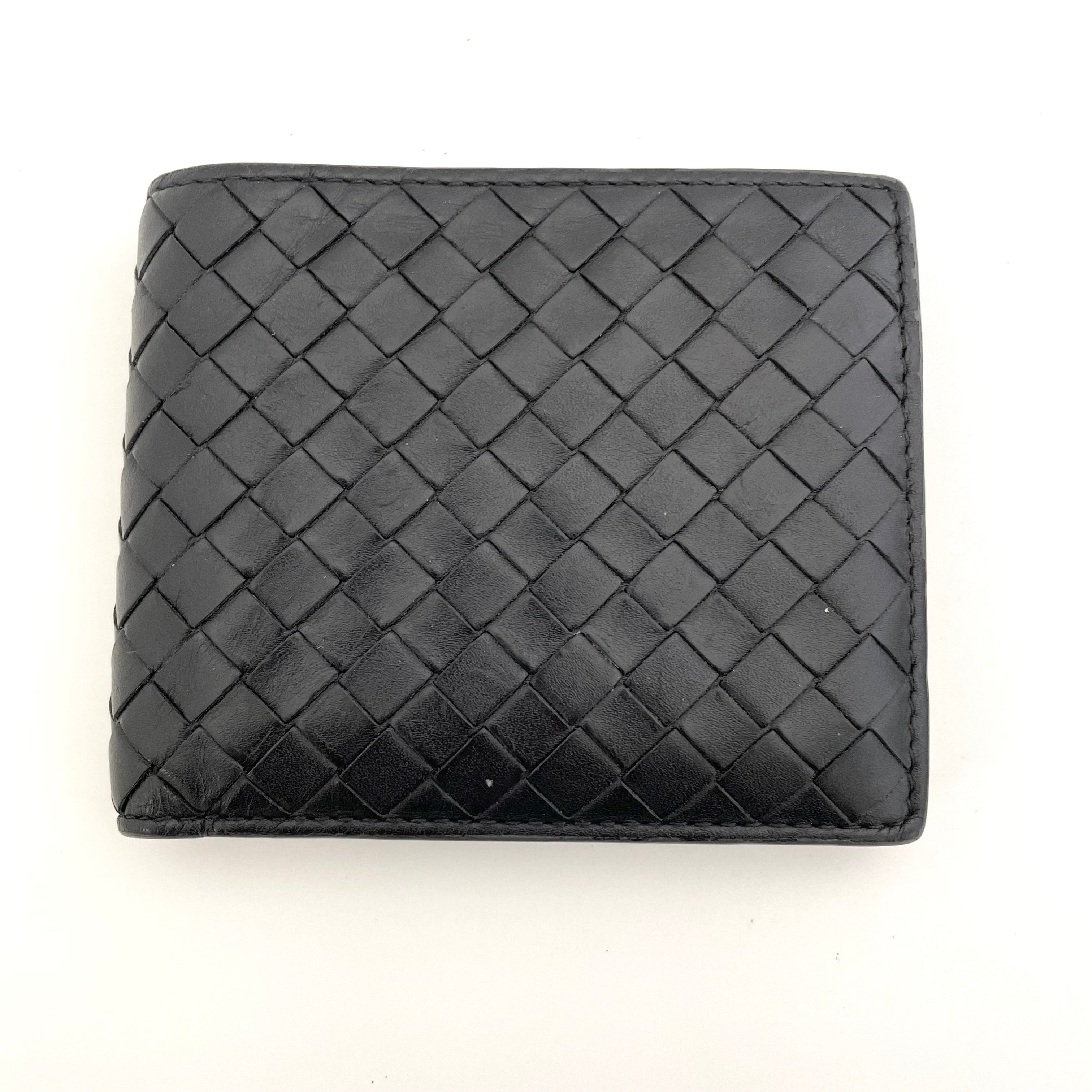 【送料無料】_ BOTTEGA VENETA_(ボッテガヴェネタ)_ 二つ折り財布 _イントレチャート カーフレザー ラムスキン _ブラック ニューライトグレー _193642 V465U 8885 _中古品