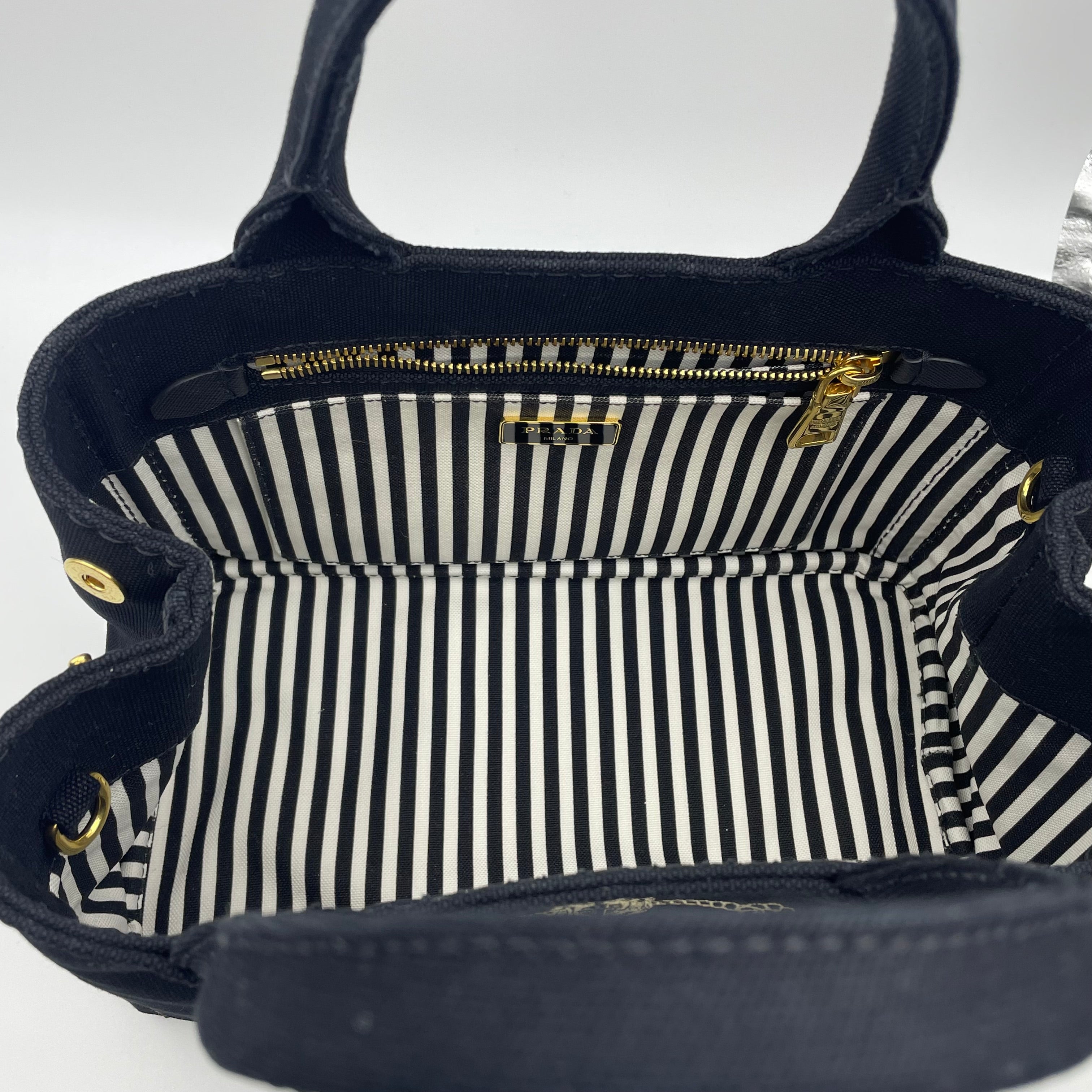 【送料無料】_ PRADA_(プラダ)_ミニカナパトートバッグ_ IBG439 黒/ストライプ _2WAYストラップ付き_ 中古品