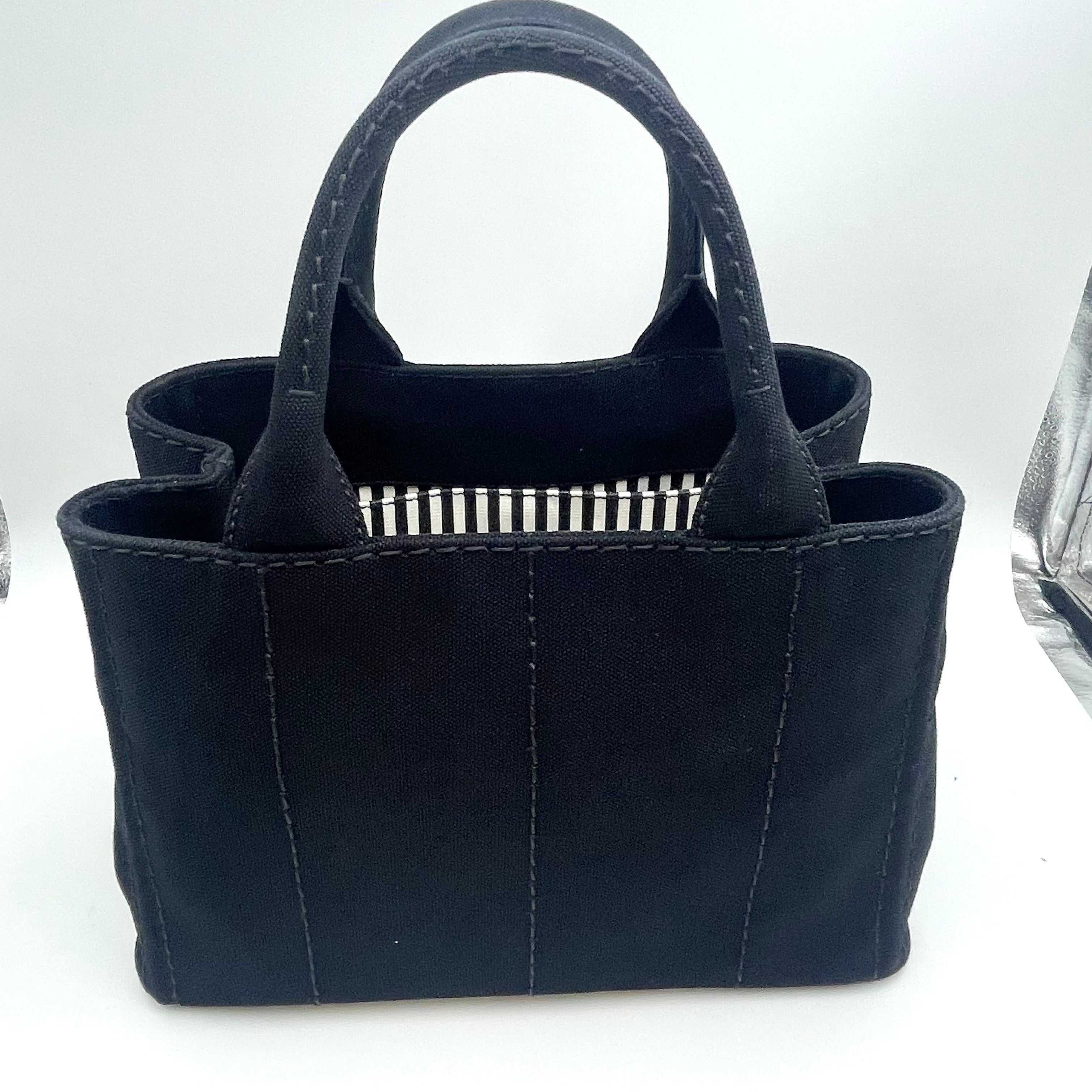 【送料無料】_ PRADA_(プラダ)_ミニカナパトートバッグ_ IBG439 黒/ストライプ _2WAYストラップ付き_ 中古品