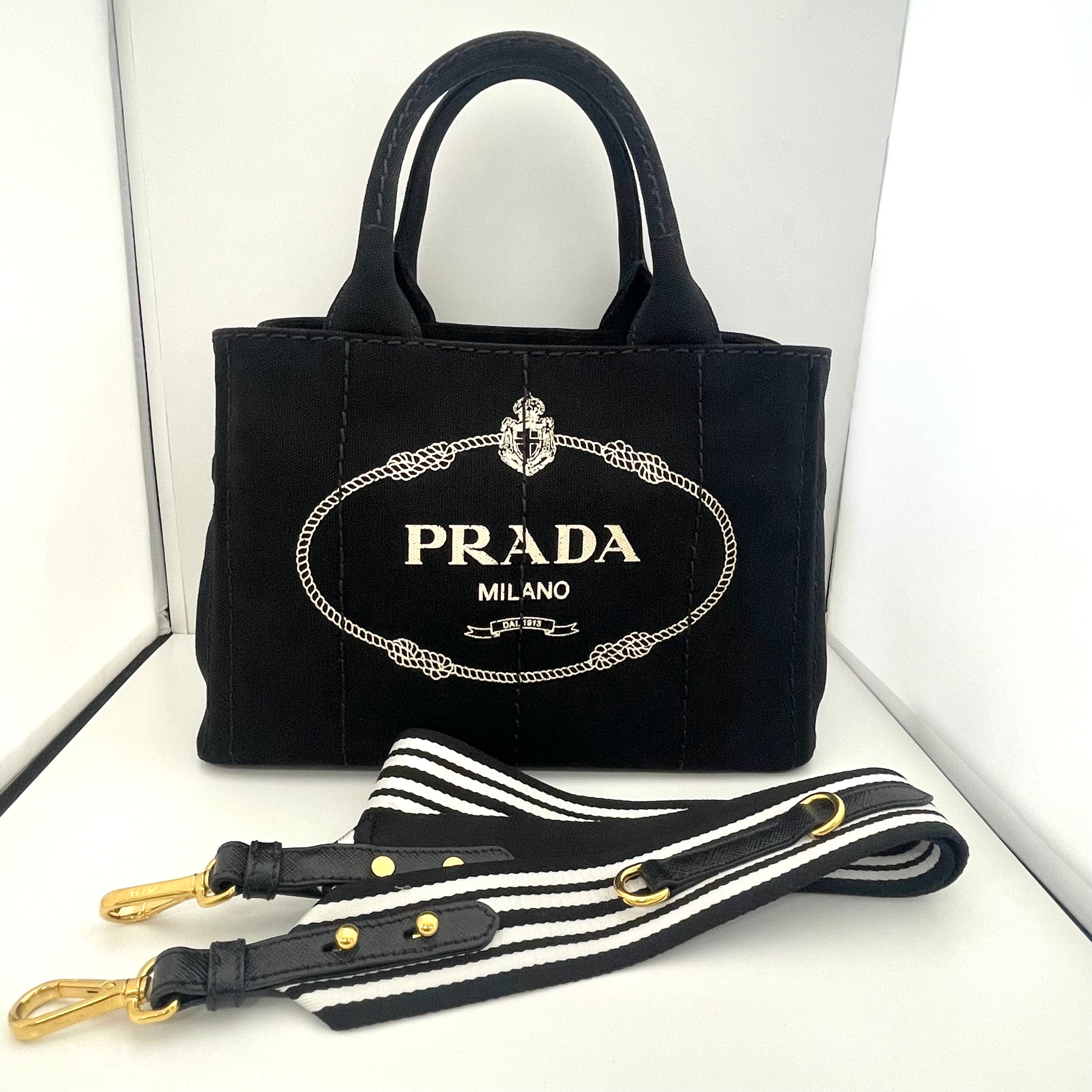 【送料無料】_ PRADA_(プラダ)_ミニカナパトートバッグ_ IBG439 黒/ストライプ _2WAYストラップ付き_ 中古品
