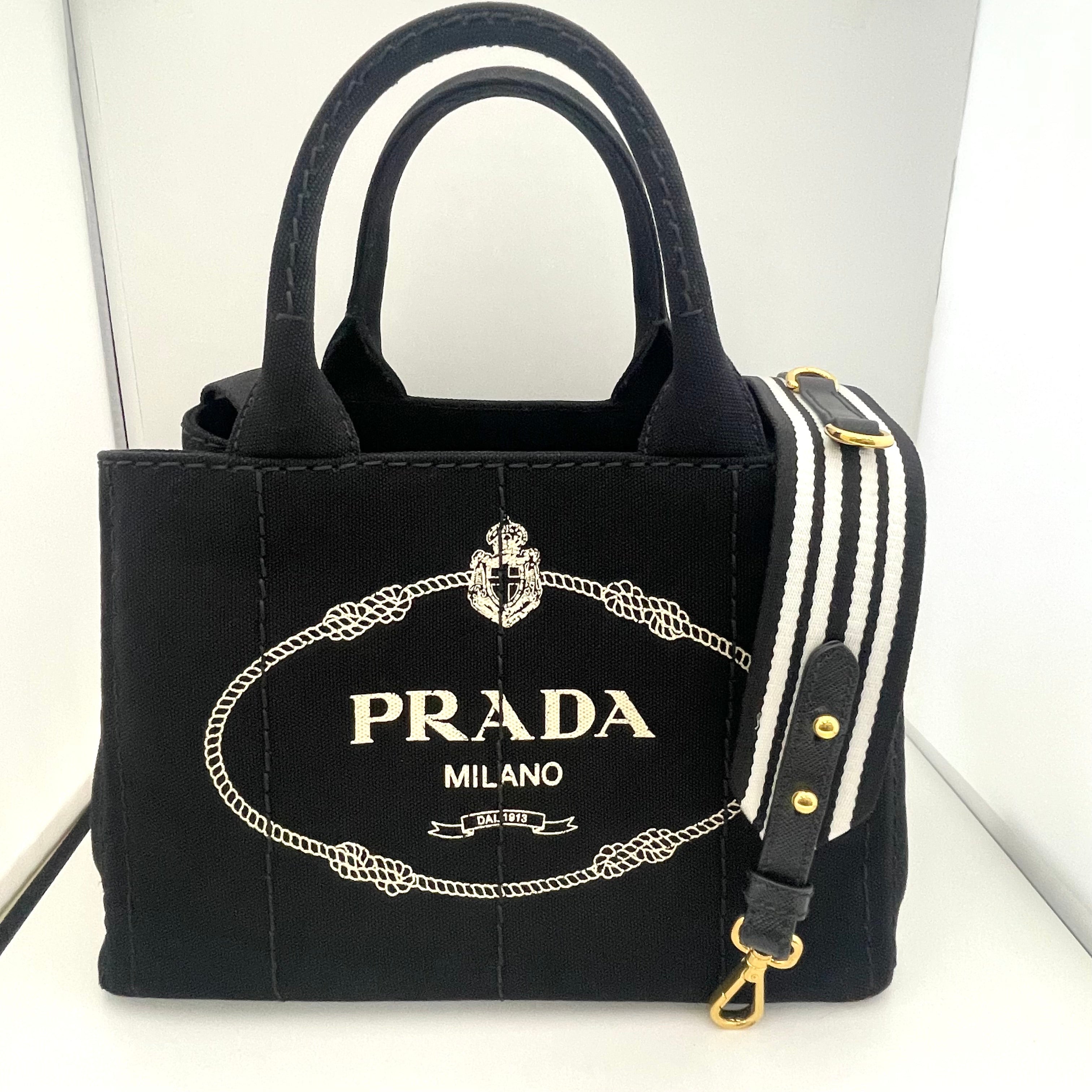 【送料無料】_ PRADA_(プラダ)_ミニカナパトートバッグ_ IBG439 黒/ストライプ _2WAYストラップ付き_ 中古品