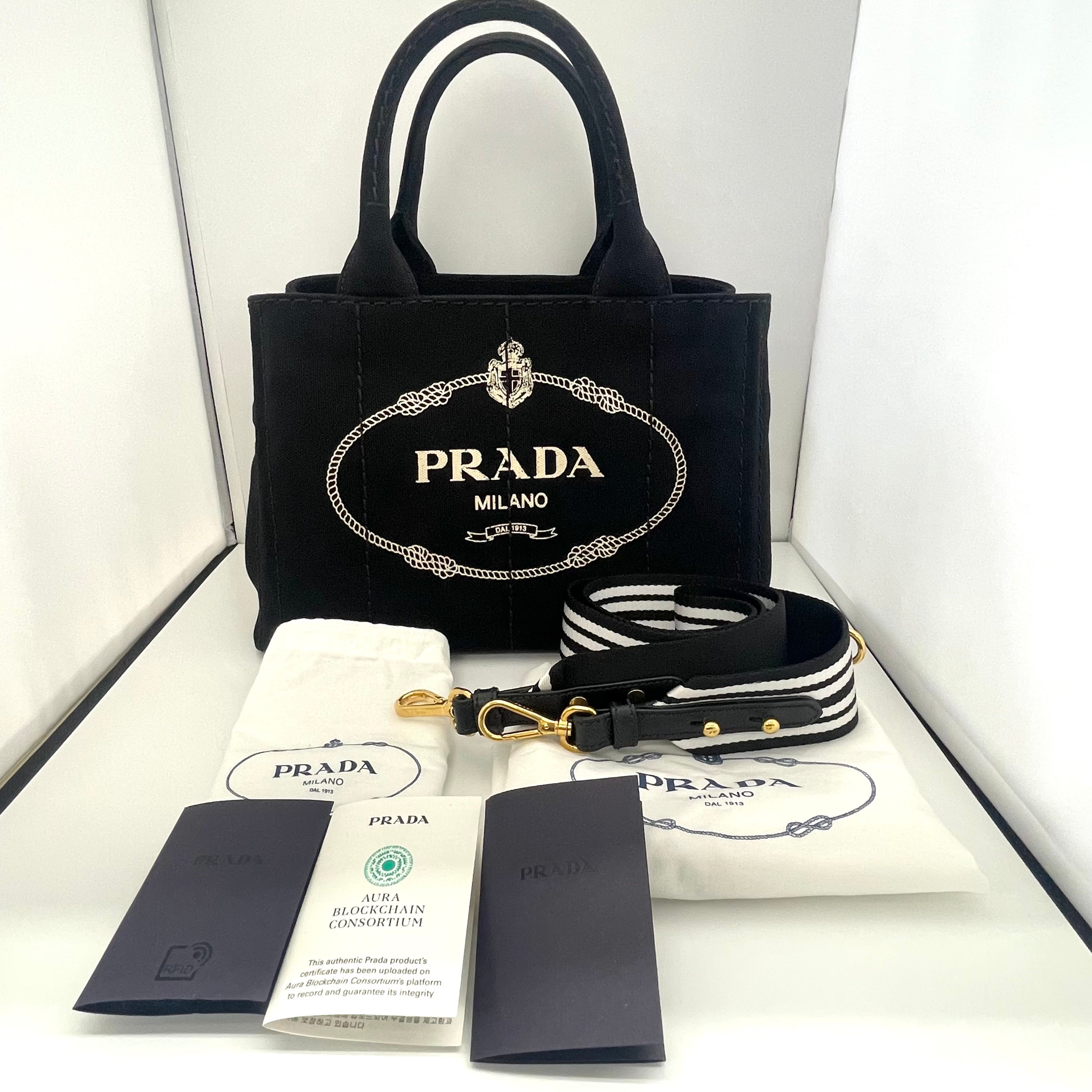 【送料無料】_ PRADA_(プラダ)_ミニカナパトートバッグ_ IBG439 黒/ストライプ _2WAYストラップ付き_ 中古品
