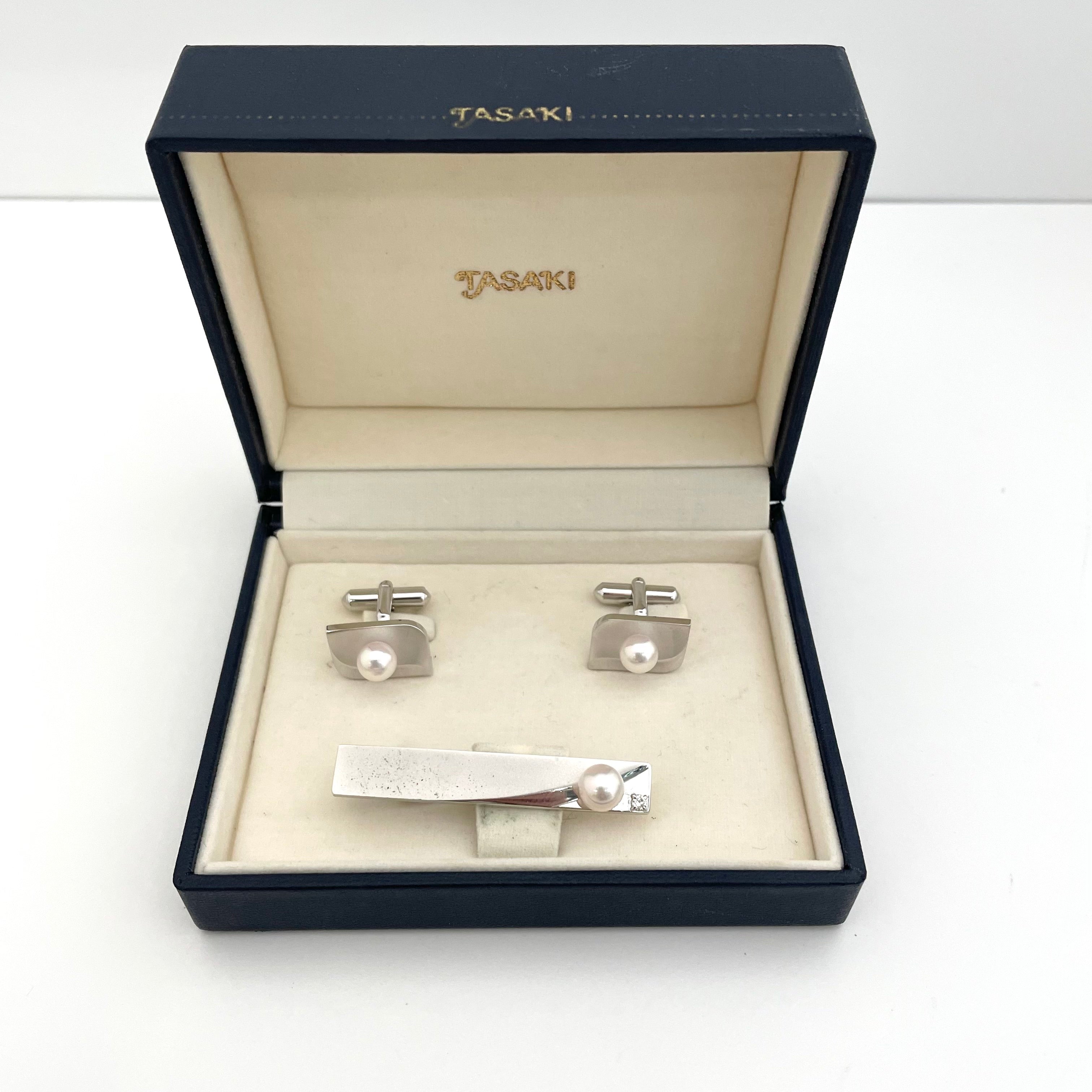 TASAKI_(田崎)_真珠タイピン&カフス set_ ダイヤ付き_中古品
