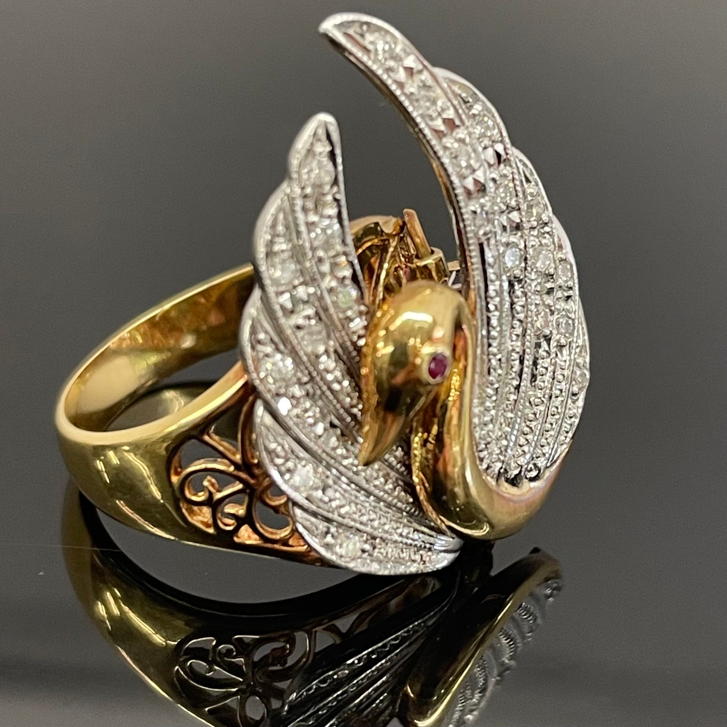 ノンブランド_ K18/Pt900_ スワンモチーフリング _ルビー/ダイヤモンド入り _中古品