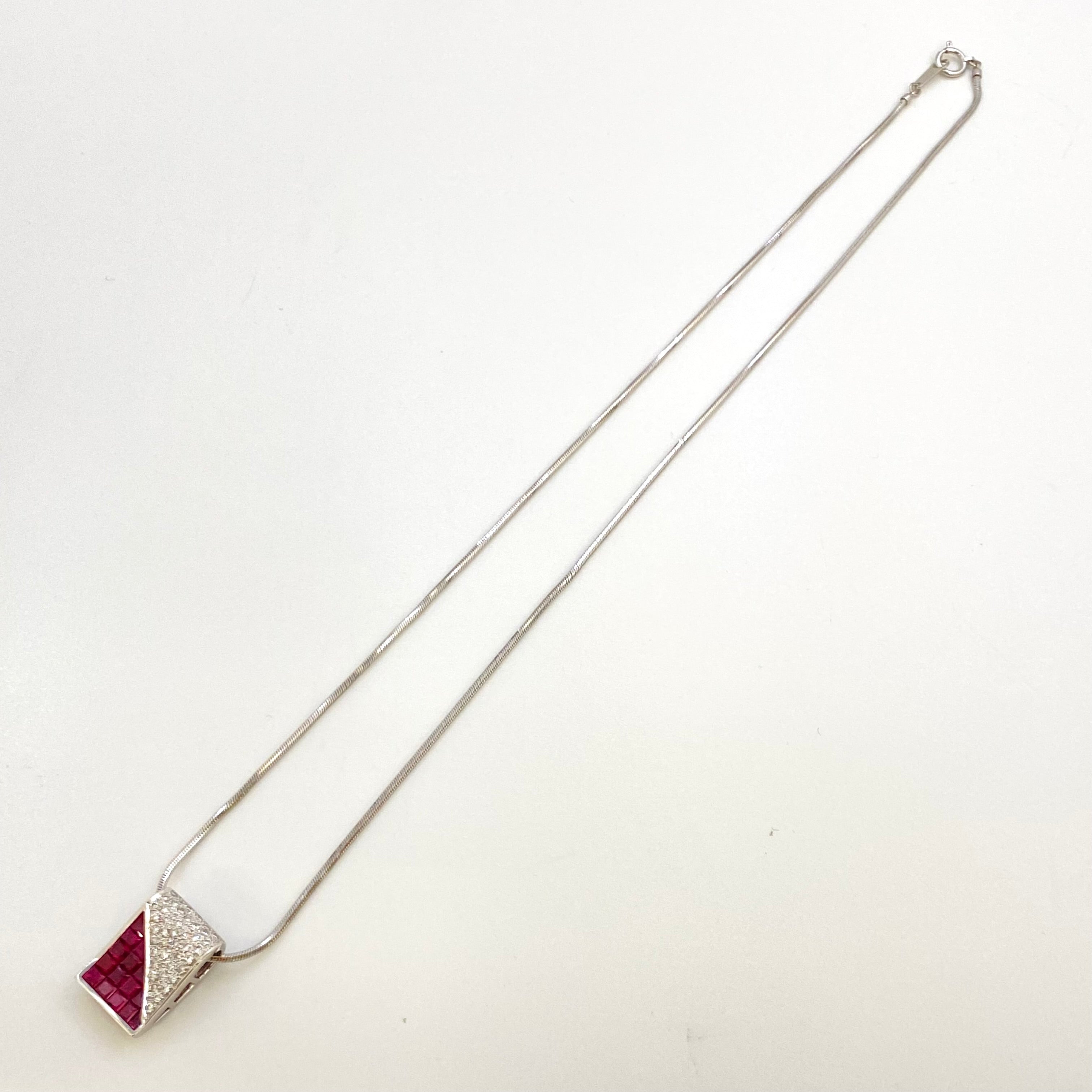 ノンブランド_750 K18WG_R1.40ct FD0.35ct_ミステリーセッティング_ペンダント ネックレス10.7g_中古品