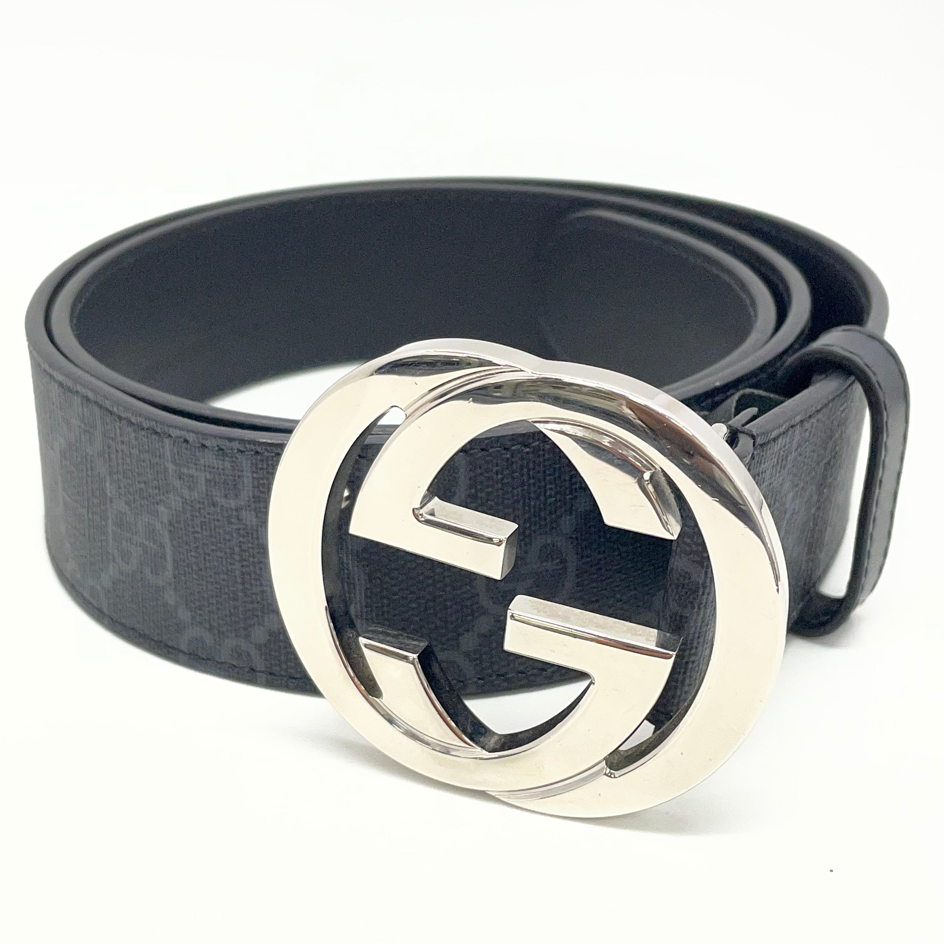 GUCCI（グッチ)_ インターロッキング_G バックル付き ベルト_ブラック×グレー_ 90cm/36in 411924_ 中古品