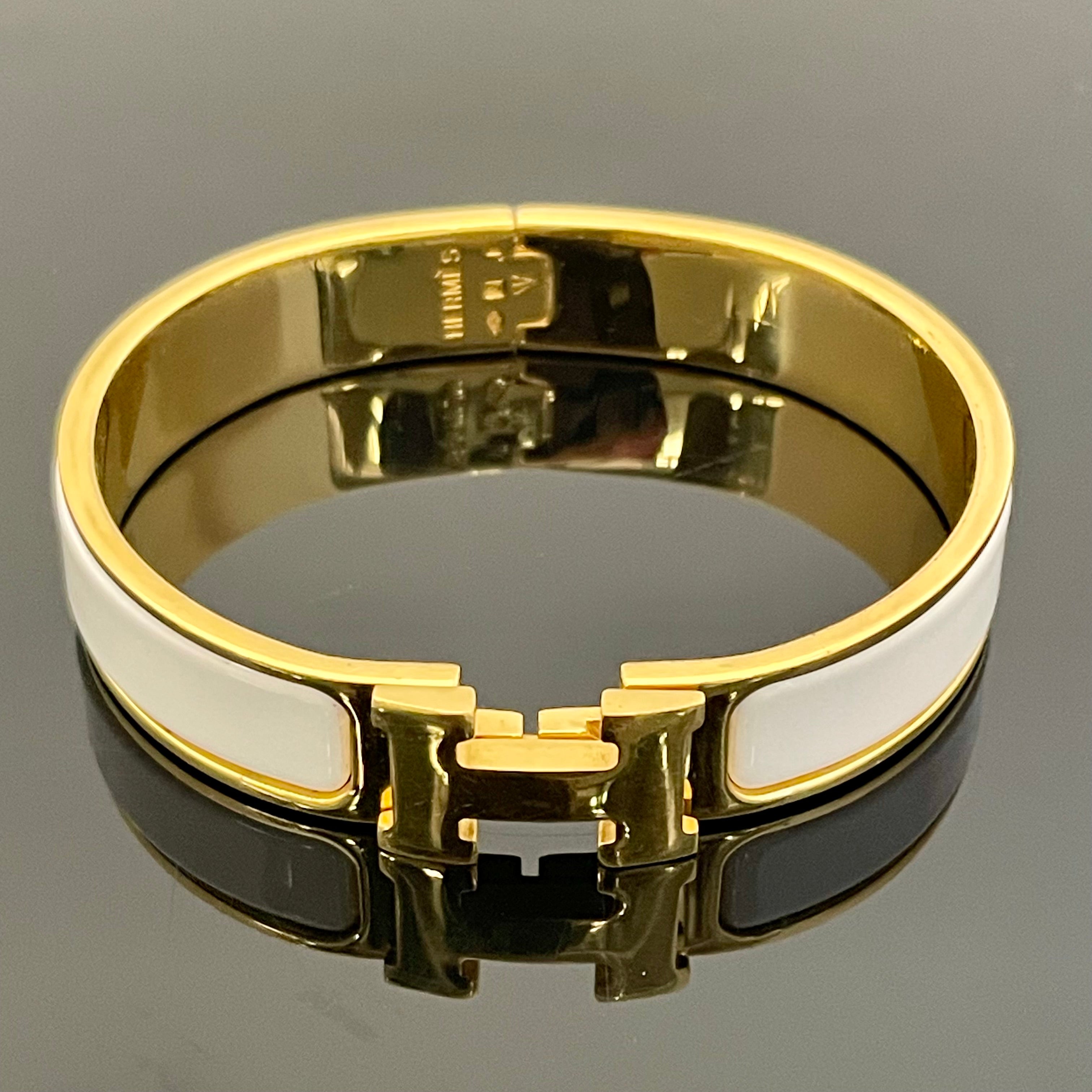 【送料無料】_HERMES_（エルメス）_エナメルブレスレット _クリックH（ゴールドxホワイト）_中古品