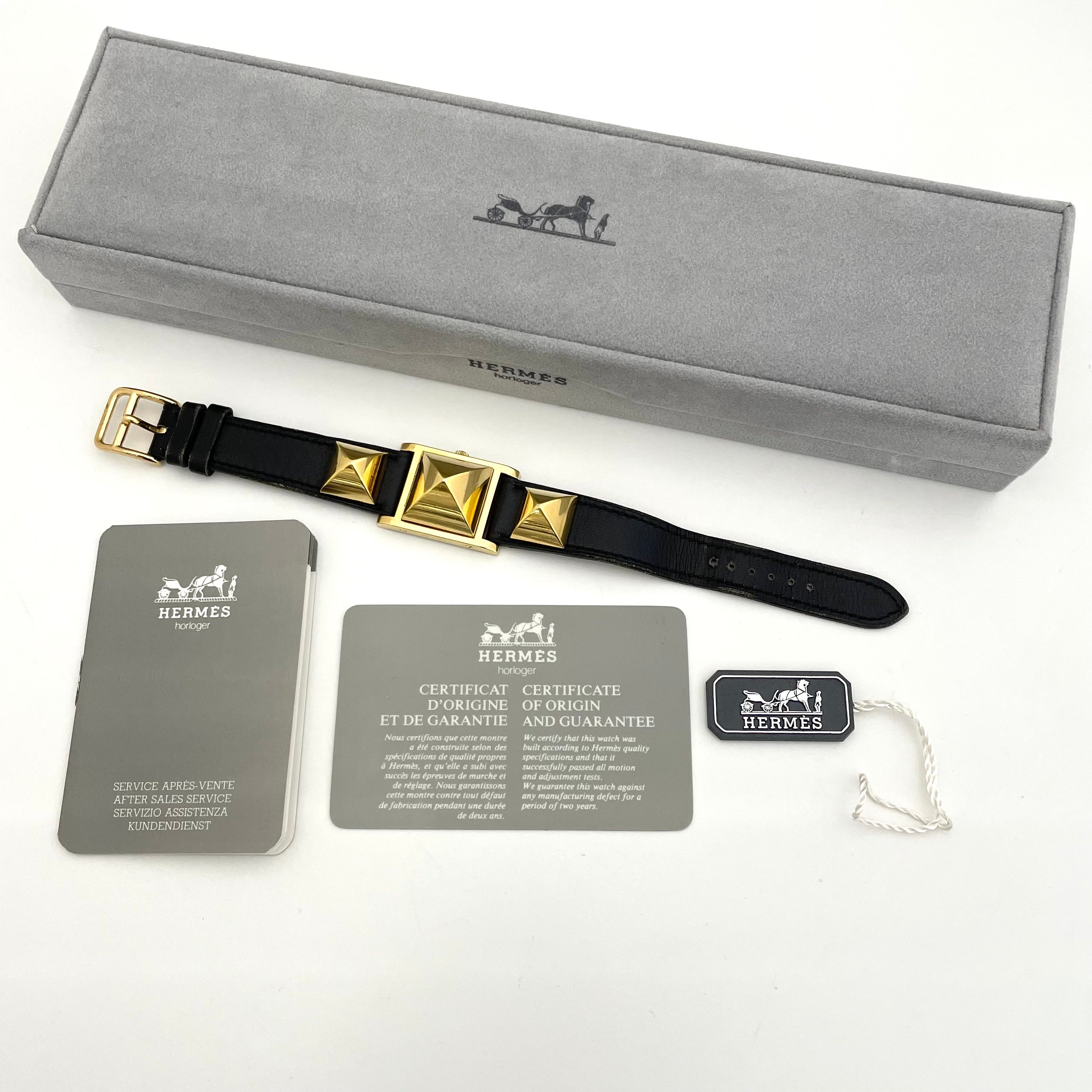 HERMES_（エルメス) _メドール _レディス腕時計_ゴールド/白文字盤 _黒レザーベルト_中古品