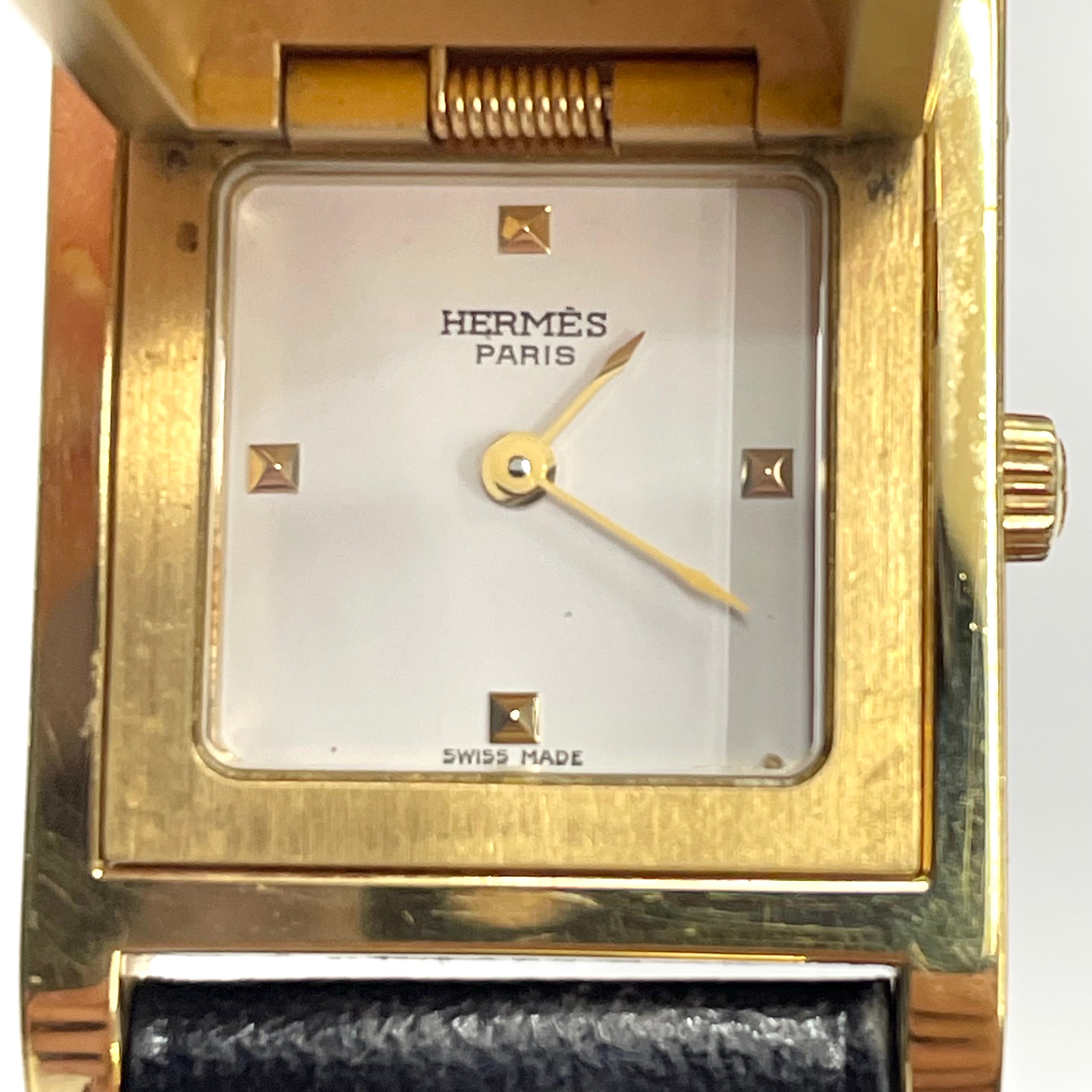 HERMES_（エルメス) _メドール _レディス腕時計_ゴールド/白文字盤 _黒レザーベルト_中古品