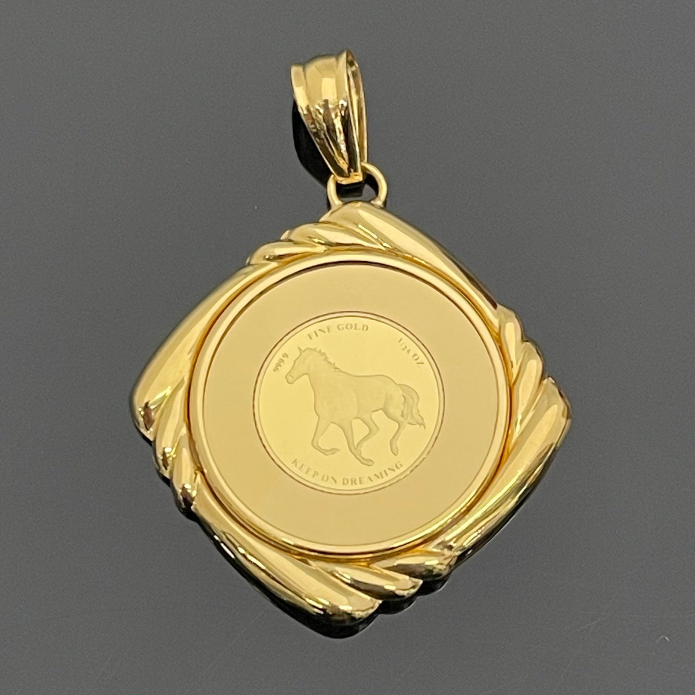 ノンブランド_K24イエローゴールド_スターホースコイン1/25oz_K18枠ペンダントトップ_中古品