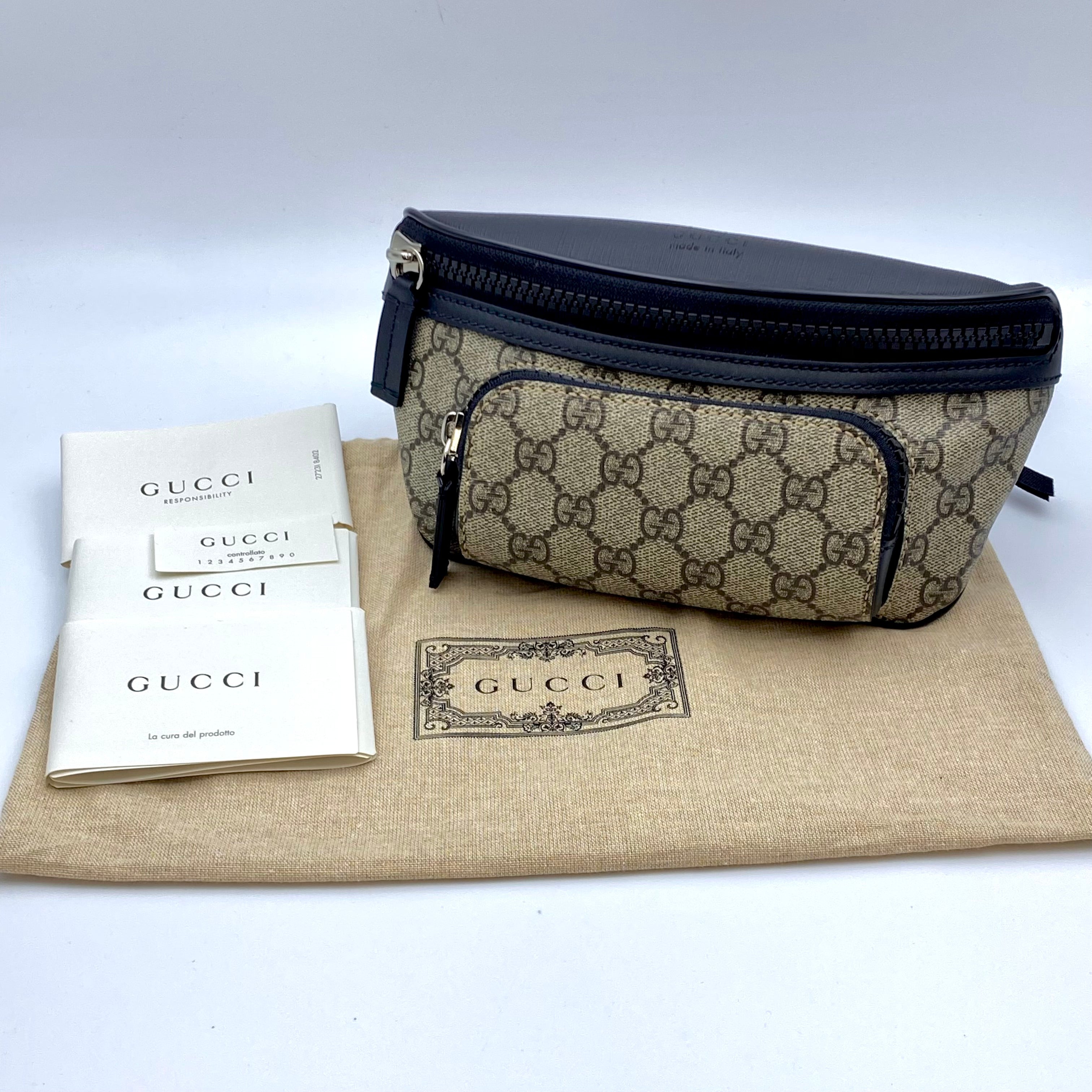 【送料無料】_ GUCCI_（グッチ）_GGスプリーム ウエストポーチ_ ベージュ×ブラック_ 450946 _中古品